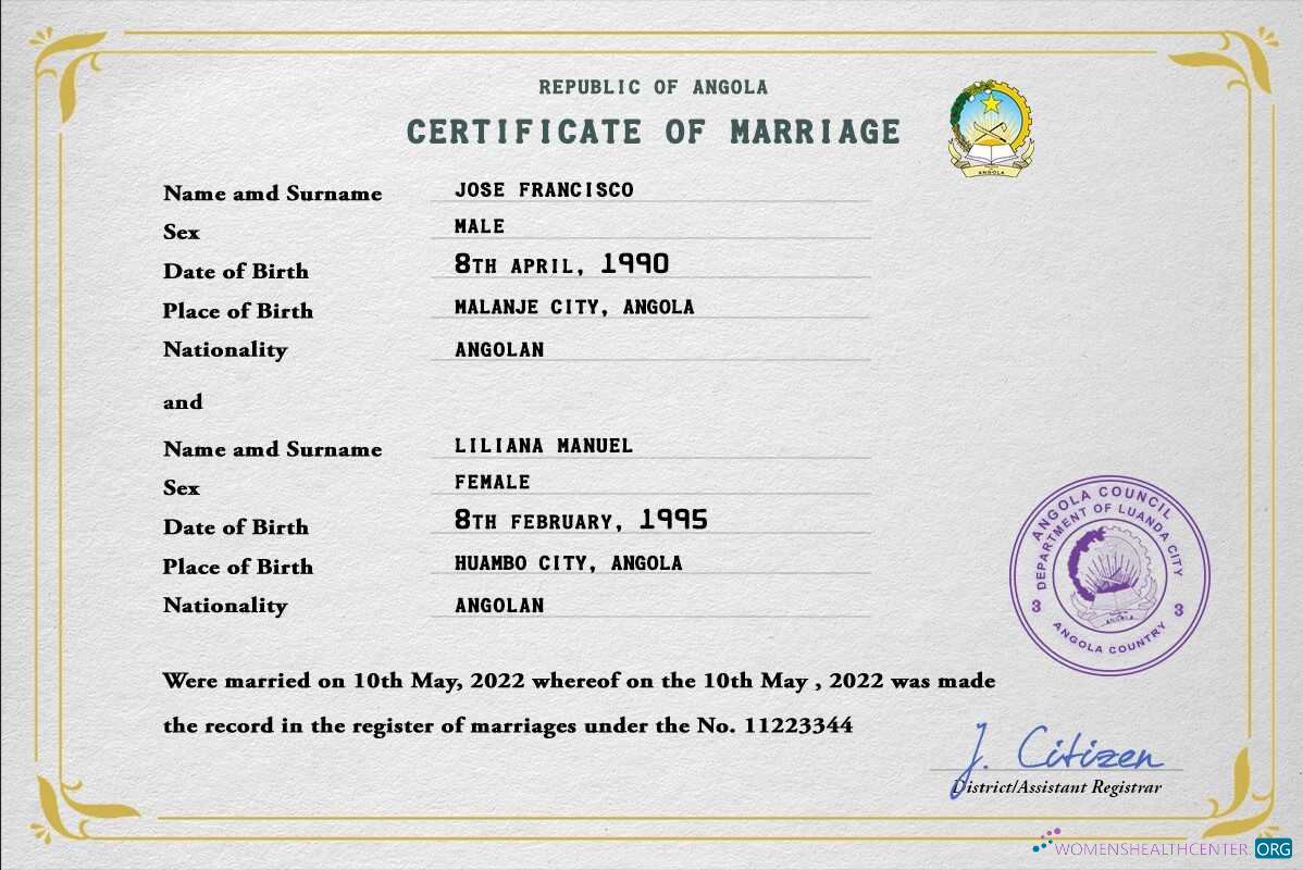 Download Angola marriage certificate PSD template Photoshop template